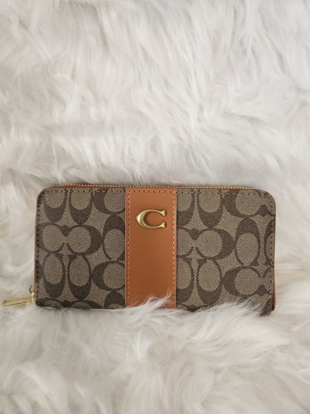 Signature Monogram Zip Wallet in Brown with Tan Leather Stripe